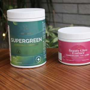 Pack collagène marin Beauty Glow et superaliments poudre Supergreen Sashinah peau énergie detox