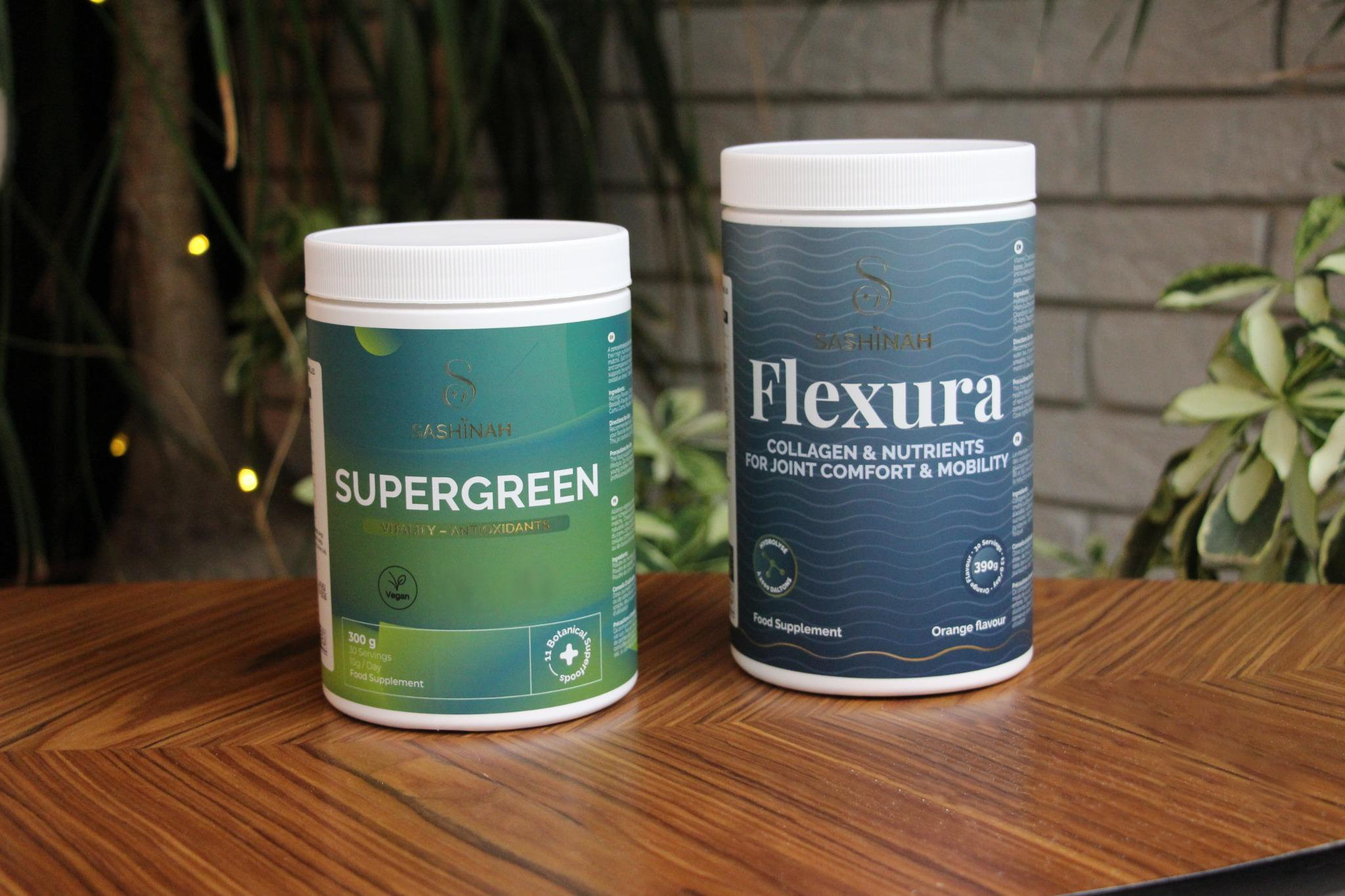 Pack collagène Flexura et superaliments poudre Supergreen Sashinah articulations detox energie