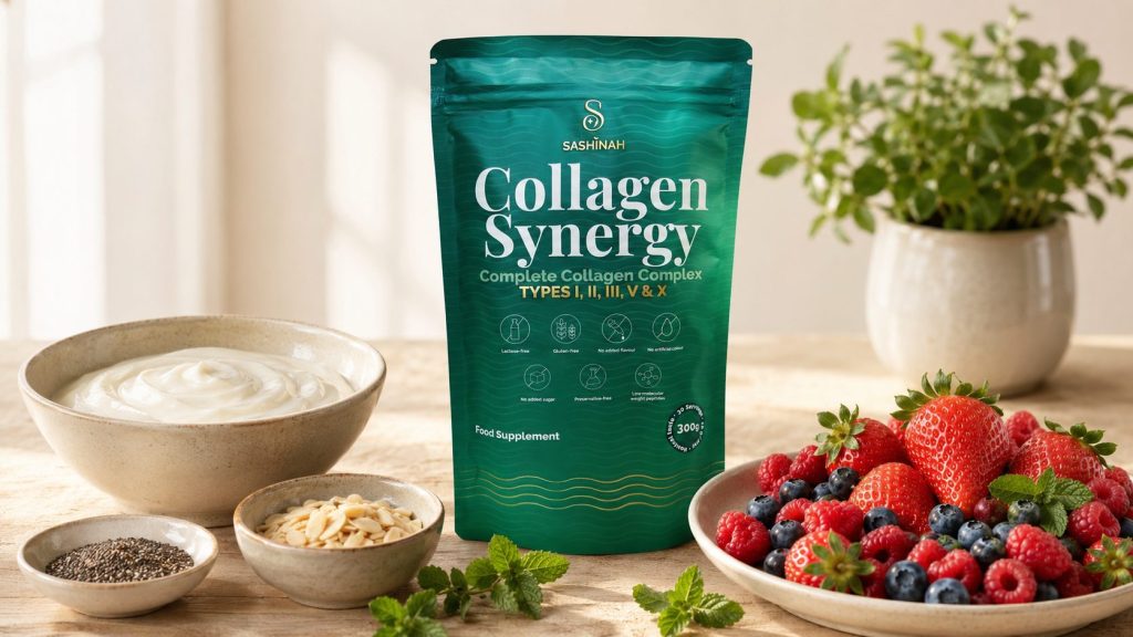 A bowl of Greek yoghurt with strawberries, raspberries and blueberries, served with the SASHINAH® Collagen Synergy dietary supplement.