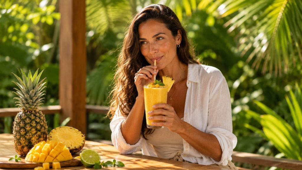 Tropical mango and pineapple smoothie with collagen A woman enjoying a tropical mango and pineapple smoothie with collagen on a sunny terrace