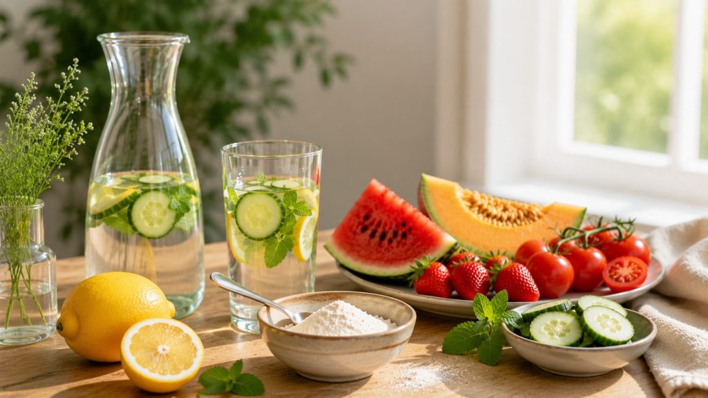 Ein Glas Wasser, wasserreiche Früchte und Kollagenpulver zur Förderung der natürlichen Feuchtigkeitsversorgung der Haut