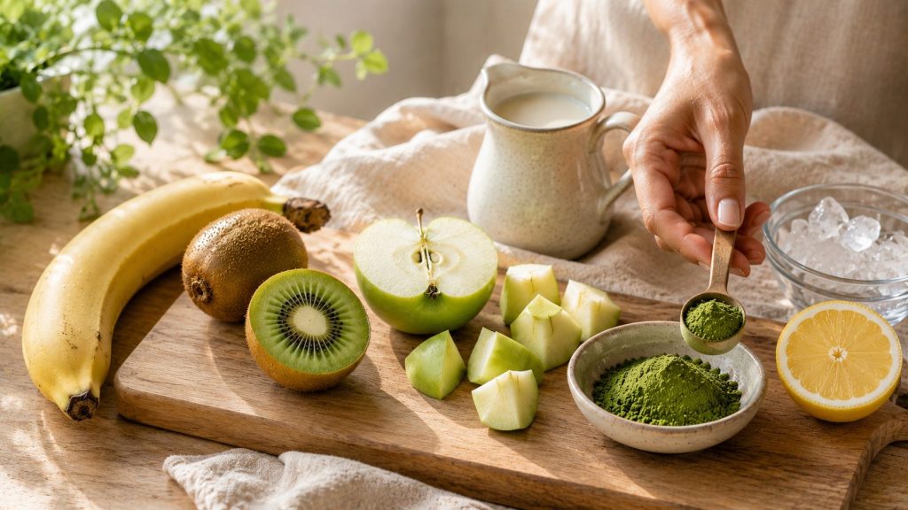 Zubereitung des Smoothies grün mit SuperGreen SASHINAH® Zubereitung des grünen Smoothies mit SuperGreen SASHINAH®: Die Zutaten vor dem Mixen bereitstellen.