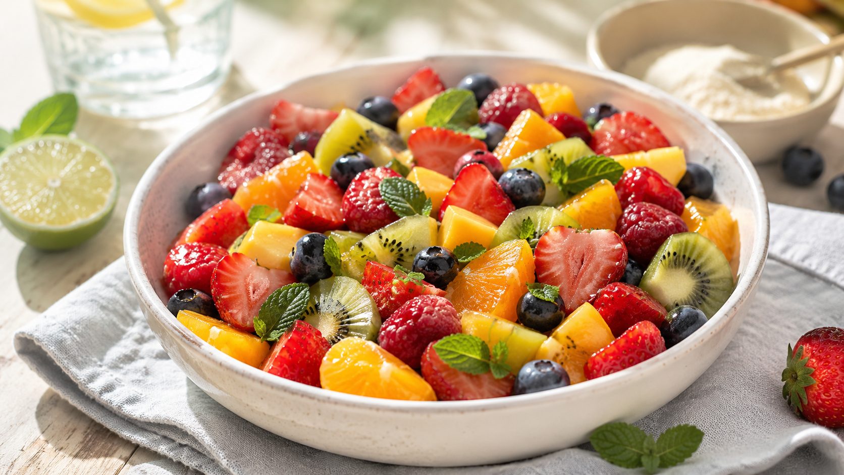 Obstsalat mit Kollagen, Erdbeeren, Kiwi, Heidelbeeren, Himbeeren und Mango.