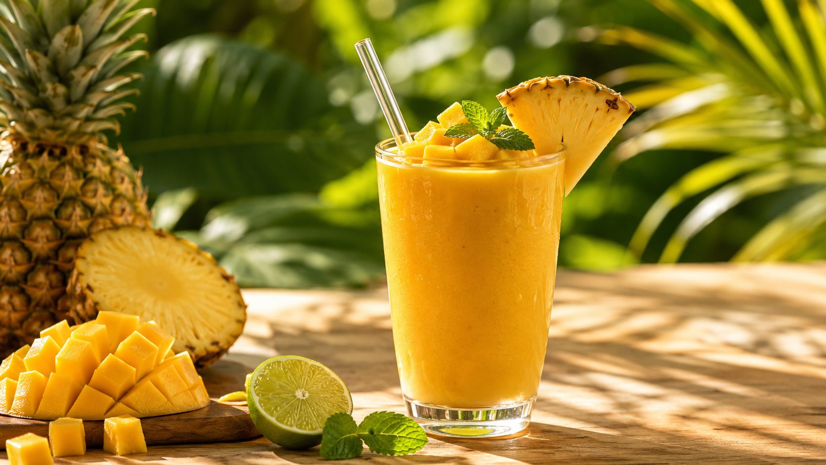 Smoothie tropisch Mango und Ananas zubereitet mit Multi-Kollagen Synergy SASHINAH®, ideal für eine erfrischende und köstliche Pause.
