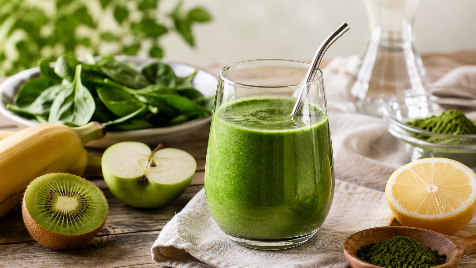 Smoothie grün mit SuperGreen SASHINAH® mit Banane, Kiwi, Apfel grün und Zitrone in einem Glas im Design.